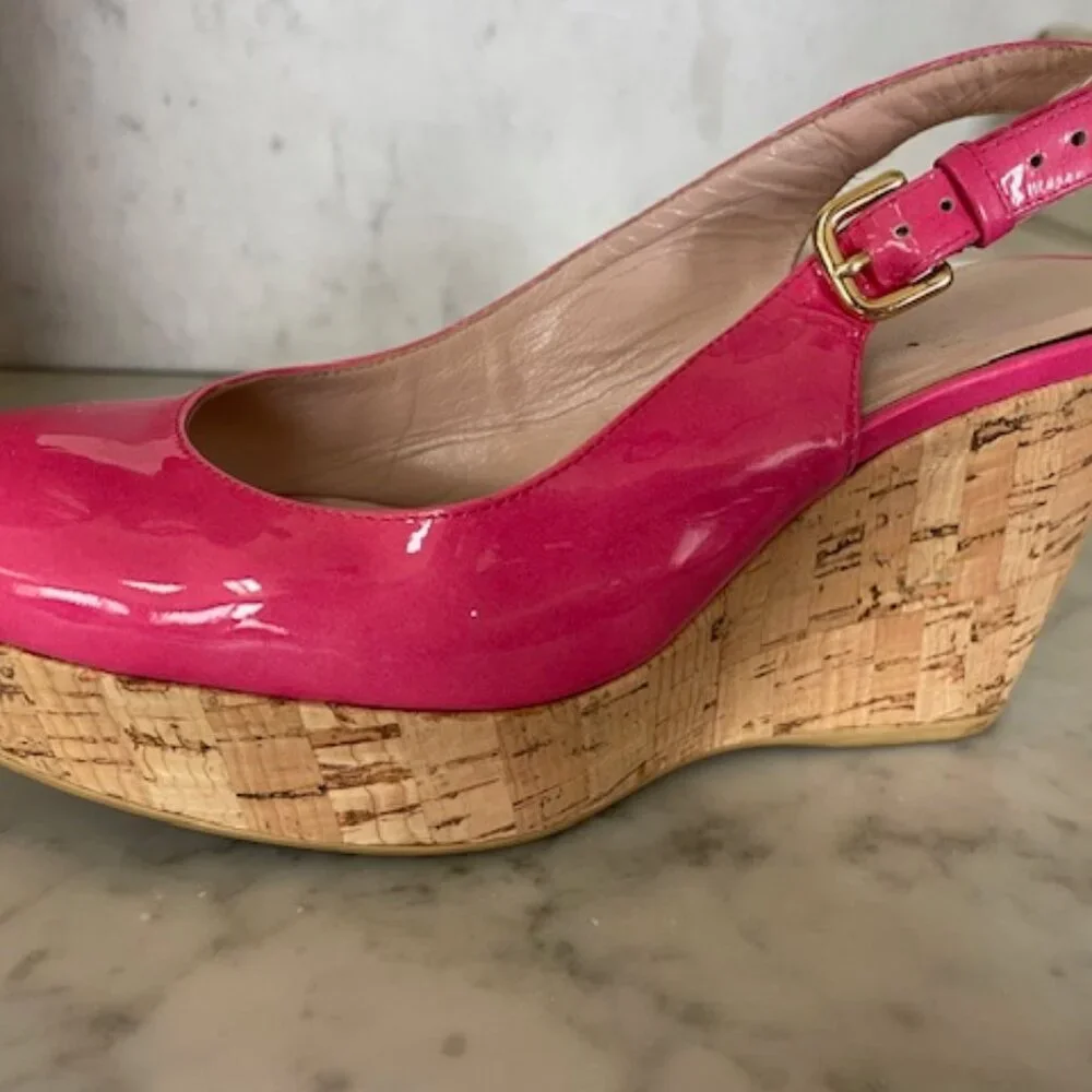 STUART WEITZMAN Jenny Fuchsia Peep Toe Sling Back Cork Wedge 6M